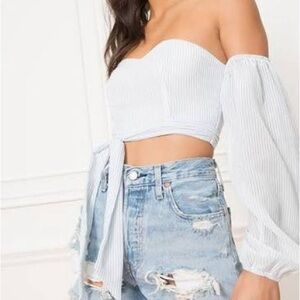 SUPERDOWN *Maya Off Shoulder L/S Crop Blue Stripe Blouse Size Small